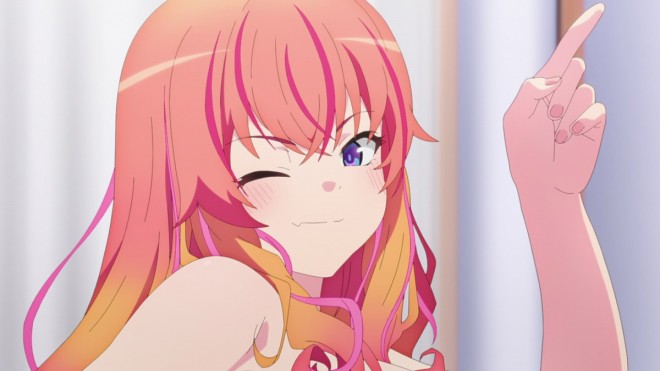 A cute girl with orange, red, and yellow hair winking.