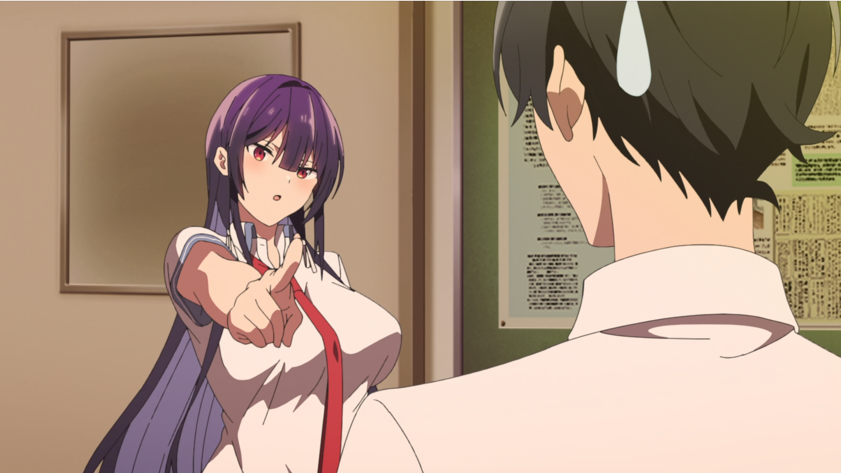 A girl pointing dramatically at a boy with a nervous sweat drop on his head.