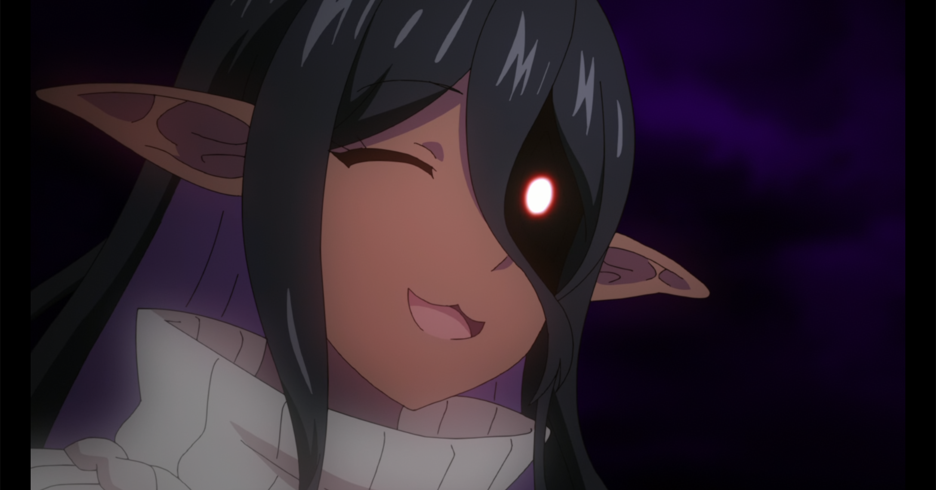 A dark elf looking menacing, with one eye glowing.