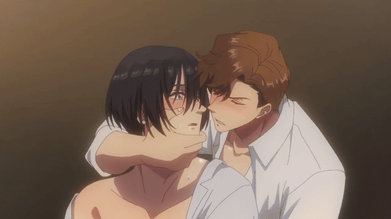 A man kisses another man, and then the scene focuses on him cumming inside the other man's ass.